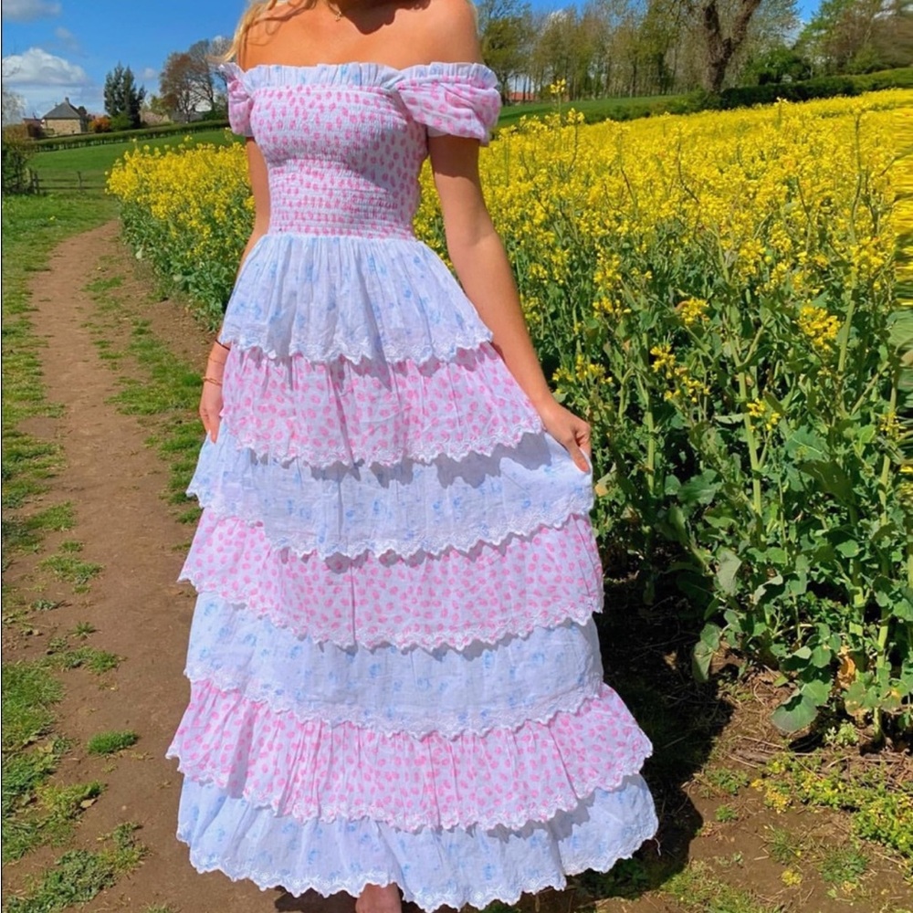 LoveShackFancy Pink and White Off-Shoulder Dress